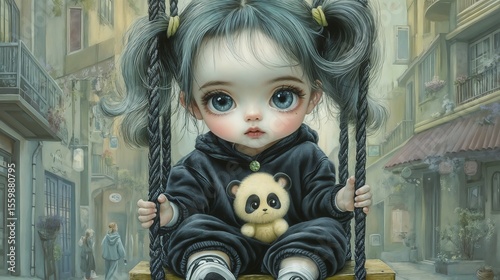 Young girl sitting on swing holding panda toy in urban setting  