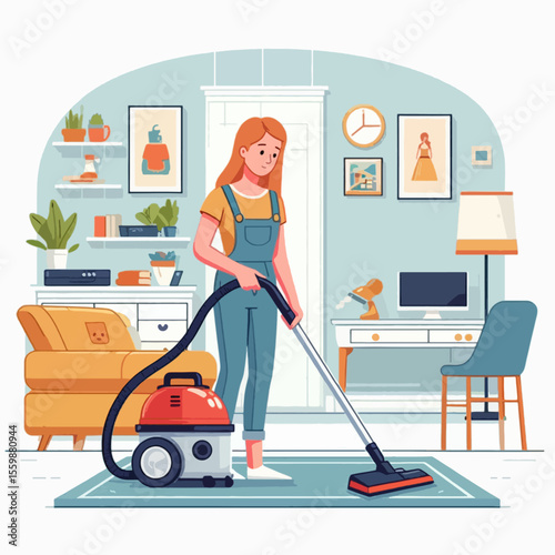 A woman with long red hair wearing blue overalls is vacuuming a light blue rug in a brightly lit room.