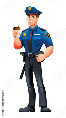 Police officer holding a takeaway coffee cup, taking a moment to relax during his shift. Vector cartoon character illustration