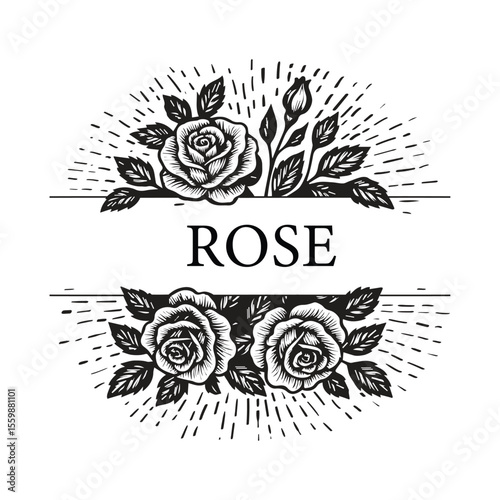 Rose Woodcut Floral Line Art ,  Elegant Vintage Flower Illustration for Packaging, Labels and  Paper Craft Design