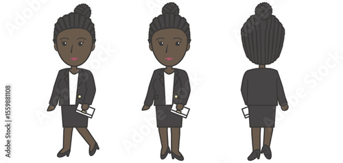 Walking Businesswoman – 黒人女性の通勤イラスト（3方向セット）