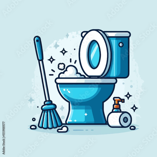 A sparkling clean toilet with a broom, soap dispenser, and toilet paper, symbolizing hygiene and cleanliness.