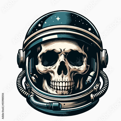 A detailed illustration of a skull wearing a vintage astronaut helmet, set against a white background.