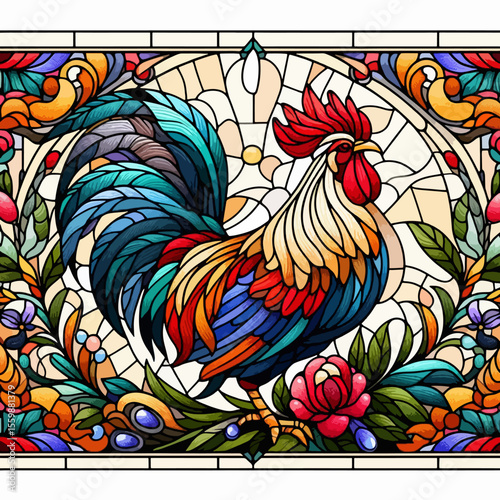 Stained glass rooster illustration with floral elements and intricate details.