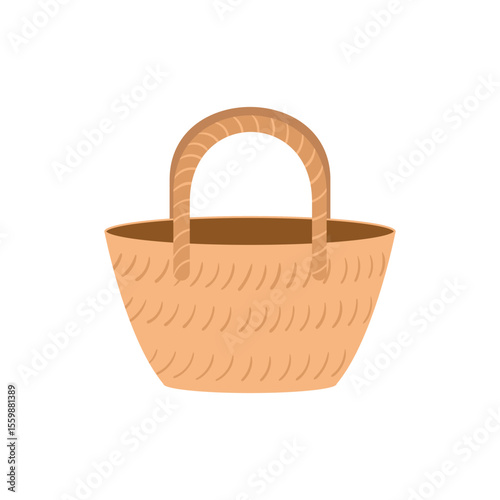 Wicker basket with handles on isolated background. Vector flat illustration of handwoven straw bag in rustic style