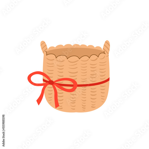 Wicker basket with red ribbon. Vector flat illustration of decorative straw basket with handles