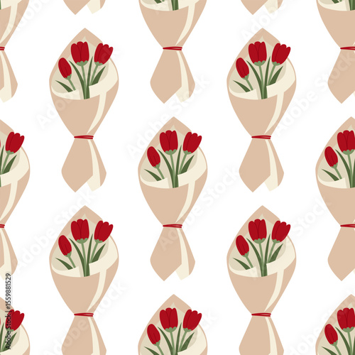 Vector seamless pattern with red tulips wrapped in kraft paper. Botanical vector flat illustration of floral bouquets. Cute background for valentine’s day, women’s day, birthday, and wedding design