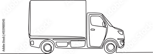 continuous line drawing of a delivery truck with cargo box in simple stylized black line art on white background

