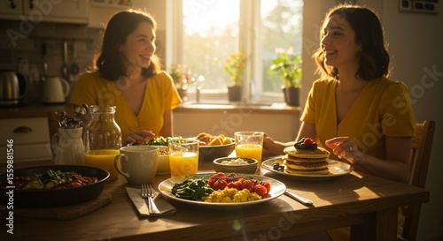 Two women enjoying a breakfast of pancakes eggs and juice at a wooden table in a bright kitchen