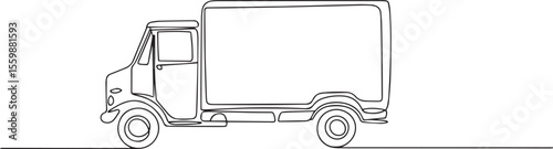 continuous line drawing of a delivery truck with cargo box in simple stylized black line art on white background

