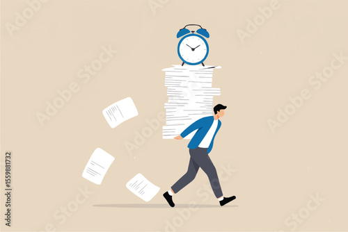 Man carrying heavy stack of papers with alarm clock on top isolated on transparent background