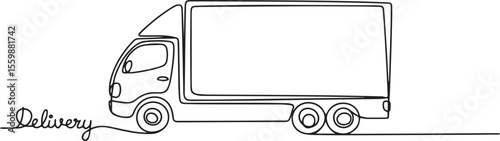 continuous line drawing of a delivery truck with cargo box in simple stylized black line art on white background

