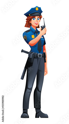 Female police officer using walkie-talkie for communication. Vector cartoon character illustration