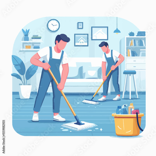 Two professional cleaners in blue overalls and white t-shirts mopping a light blue floor in a modern, clean room with a yellow bucket of supplies.