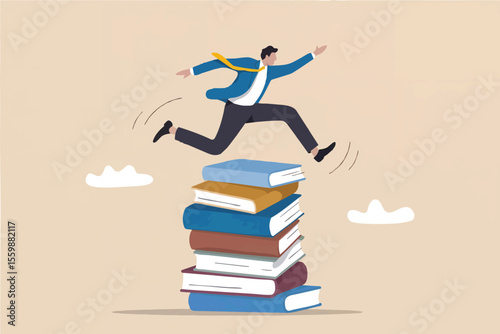 Man jumping over stack of books isolated on transparent background