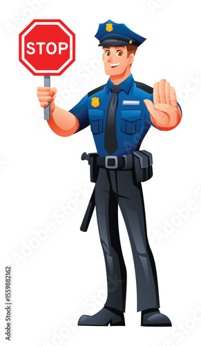 Police officer holding a stop sign and showing a stop gesture. Vector cartoon character illustration