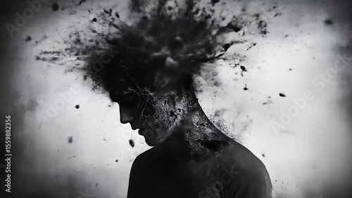 Abstract Video of a Person's Head Exploding with Dark Ink and Particles