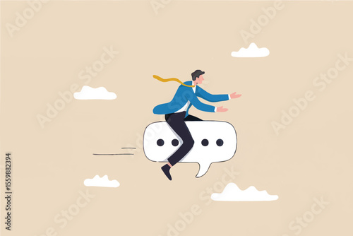 Flat cartoon vector illustration of a businessman riding a speech bubble isolated on transparent background