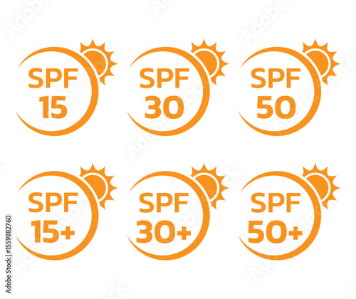 Vector set of SPF icons for sunscreen labels. Sun protection symbols with SPF 15, 30, 50, and plus versions. Skincare and UV protection design elements.