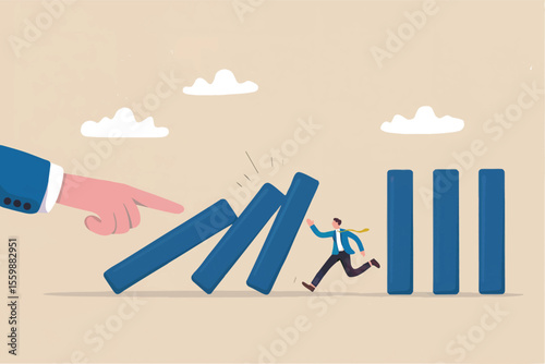 Domino effect triggered by a finger push man running away isolated on transparent background