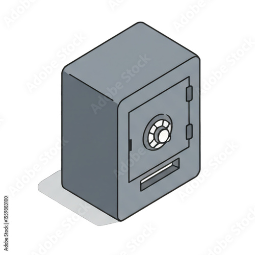 Isometric illustration of a closed gray safe with a combination lock and a slot.
