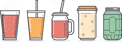 Flat Icon Set of Beverages on White Background Includes Water Glass, Juice Cup, Tea Mug, Soda Can, Smoothie Jar, and Coffee ToGo.