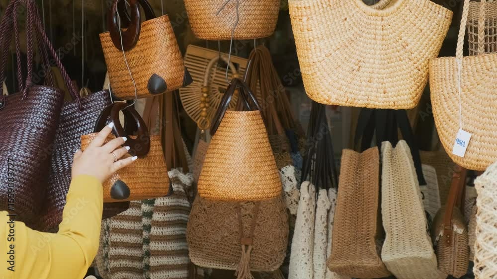 Assortment of handmade wicker baskets, straw hats and walking sticks displayed at traditional market in Chiang Mai, Thailand. Store with handmade goods, traditional craftsmanship, sustainability