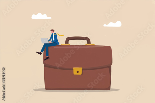 Flat cartoon vector illustration of a businessman working on a laptop while sitting on a giant briefcase isolated on transparent background