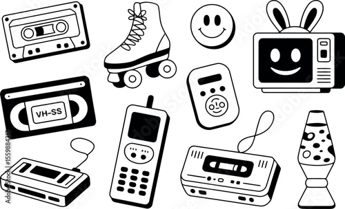 Collection of retro black and white icons including cassette tape, VHS, roller skate, TV and lava lamp