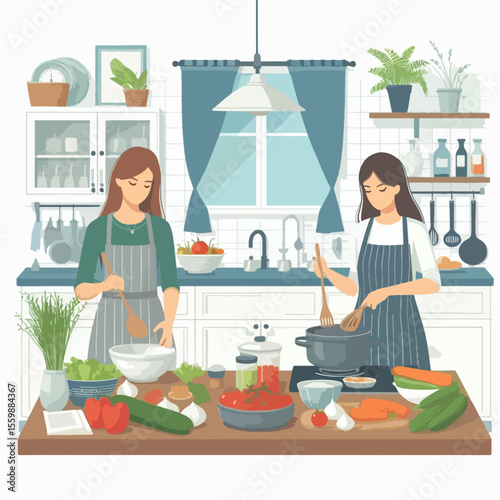 Two women in aprons are cooking together in a bright, modern kitchen, preparing a healthy meal with fresh vegetables.