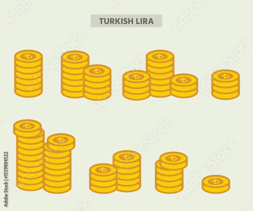 Turkish lira coin stacks illustration, yellow flat vector money icon for finance and forex