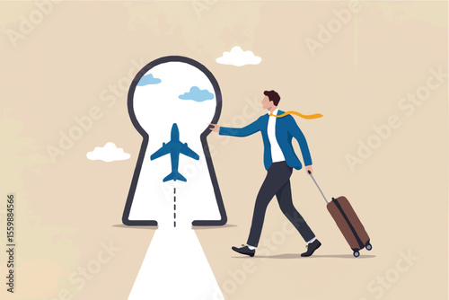 Businessman walking towards a keyhole with an airplane inside isolated on transparent background