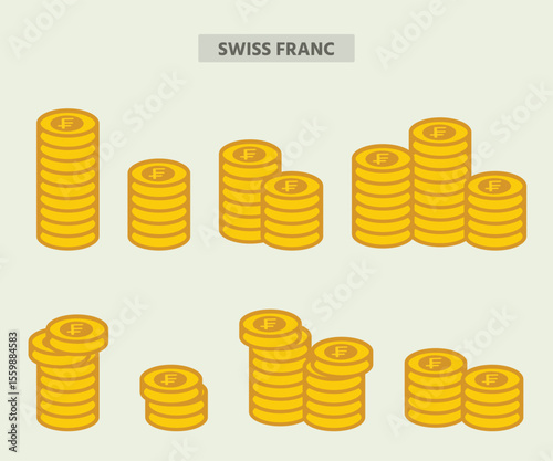 Flat vector illustration of Swiss franc coin stacks in yellow, financial forex currency icon