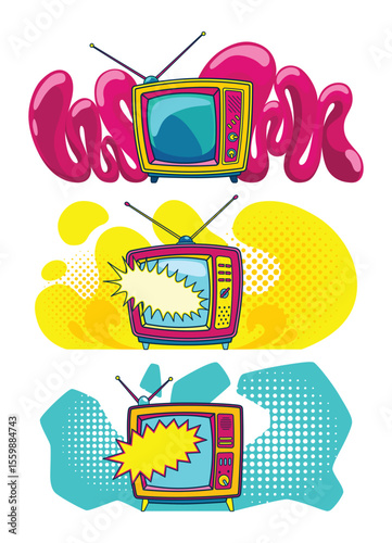 Comic retro tv set on halftone and dots backdrop. Vector colorful background in pop art retro comic style. Cartoon vintage 70s, 80s television