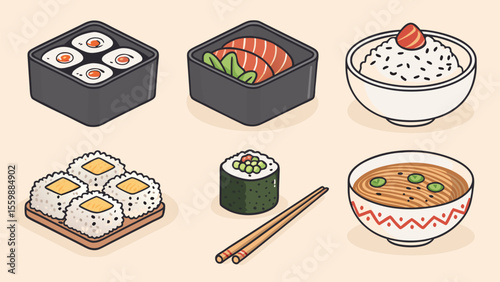 Flat Icon Set of Japanese Foods Sushi, Ramen, Bento Box, Tempura, and Miso Soup in Minimal Style on White Background.