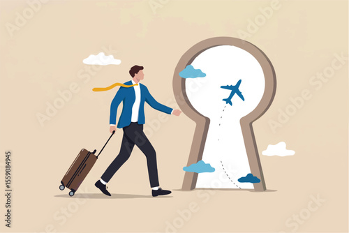 Businessman walking with suitcase towards keyhole portal with airplane isolated on transparent background