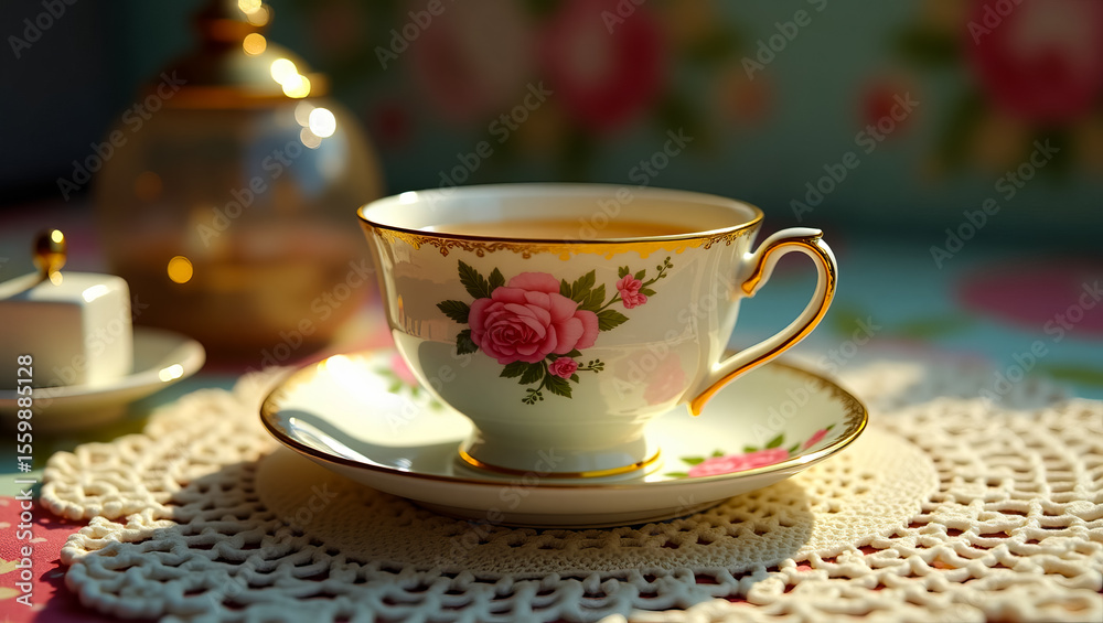 Fototapeta premium Elegant tea setting with floral cup and saucer on lace doily