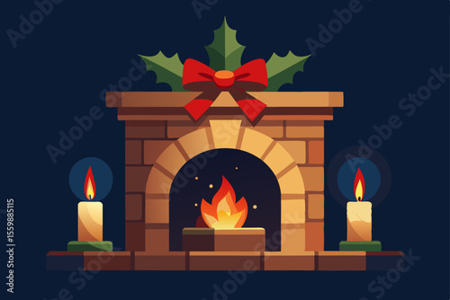 christmas fireplace with candles and gifts