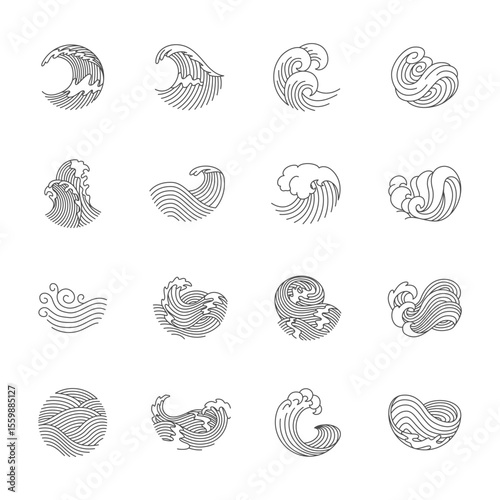 Oriental waves icons japan. Stylized ocean wave curls, japan style tsunami, sea swirls graphics collection. Oceanic water asian decorative ornamental splashes elements. Art vector illustration