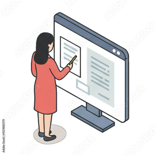 Woman reviewing document on large computer screen, pointing at details for presentation or editing.