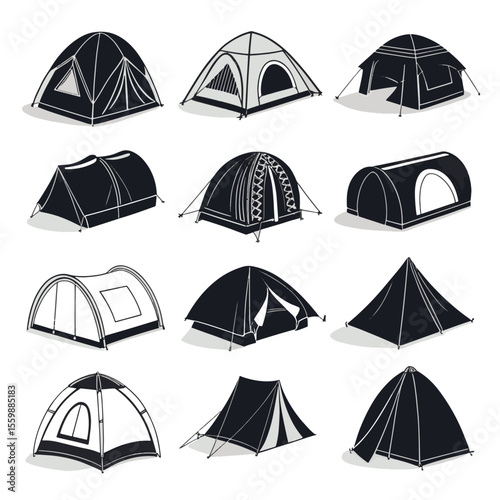 set of camping tent silhouette, black and white vector illustration