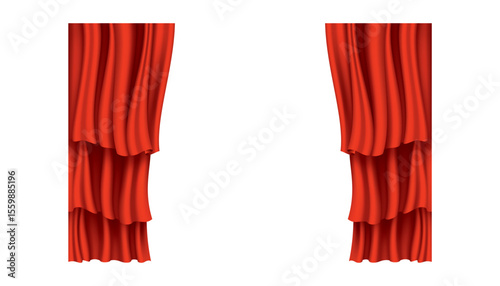 Red curtains realistic. Theater fabric silk decoration for movie cinema or opera hall. Curtains and draperies interior decoration object. Isolated on transparent for theater stage