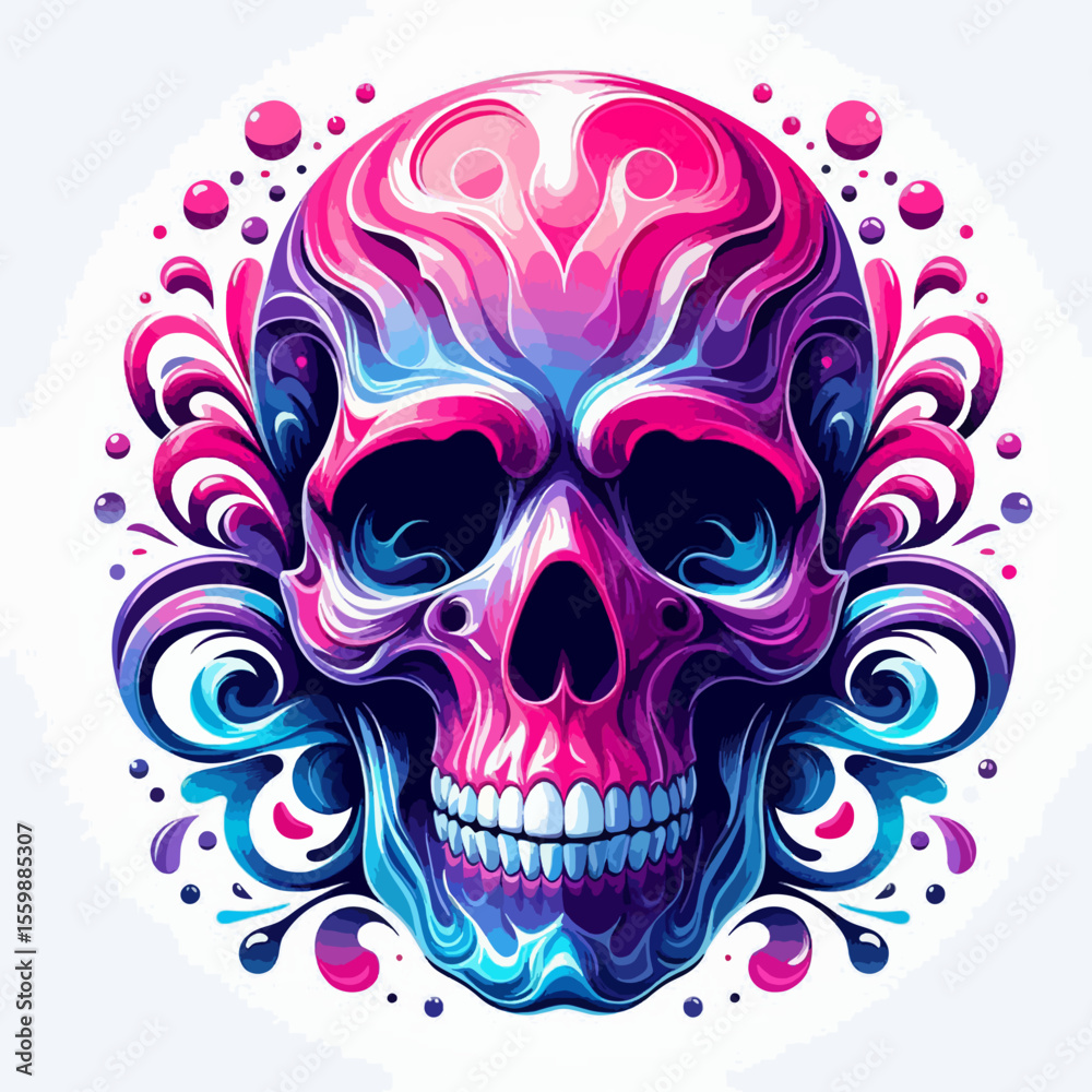 Fototapeta premium Colorful skull with swirling patterns in pink, purple, and blue hues.