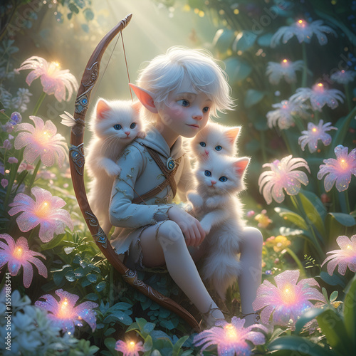 Enchanted Forest Companion: Elf Child with Three Fluffy Cats in Magical Bloom