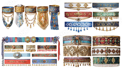 Collection of traditional and ornate ethnic belt illustrations with embroidery, gold accents, beads, and textile art. Ideal for fashion and heritage visuals.

