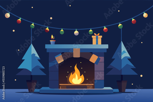 christmas night scene with fireplace