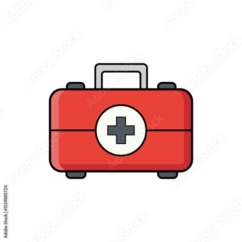 Flat vector illustration of a red first aid kit with a medical cross. Perfect for emergency, healthcare apps, or educational health materials.
