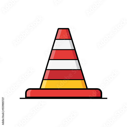A classic red and white striped traffic cone with a yellow base, commonly used to mark hazards, delineate areas, or guide traffic.