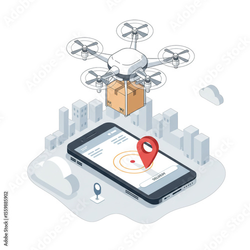 Drone delivery service using a smartphone app to track a package in transit over a city.