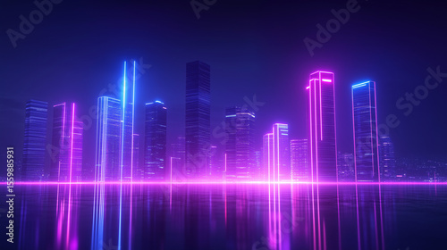 Futuristic cityscape with glowing neon lights and geometric architecture  embodying a vision of advanced urban harmony.    